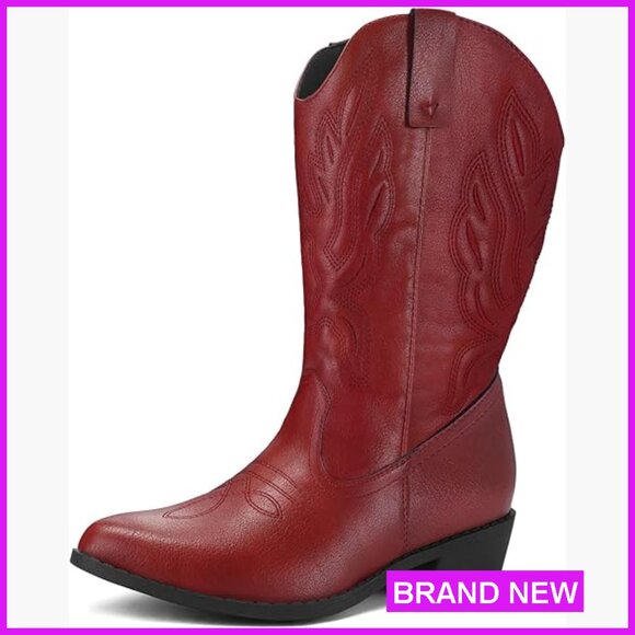 Wide Calf Cowboy Boots Pull-On Mid-Calf Embroidered Pointed Toe Retro Western
